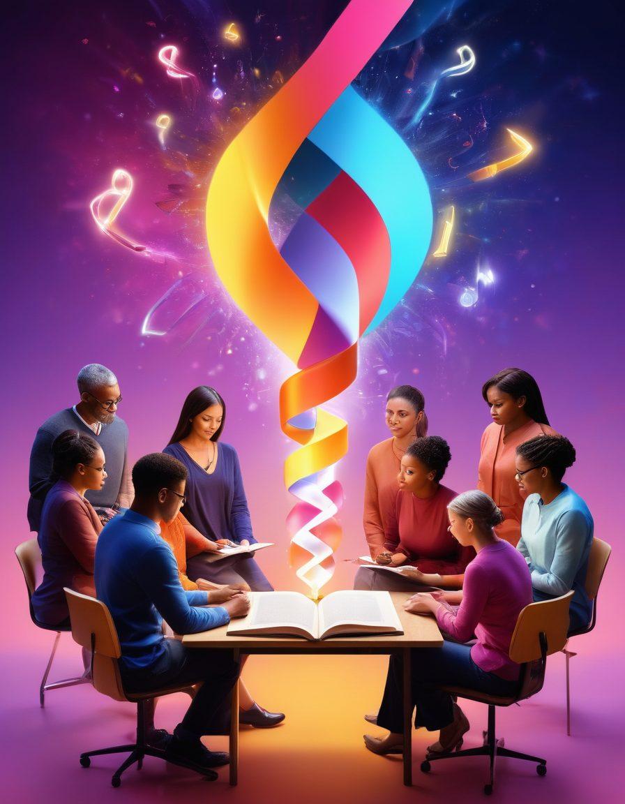 A diverse group of empowered individuals engaged in a collaborative discussion, surrounded by symbolic elements representing knowledge such as books, light bulbs, and a cancer awareness ribbon. The background features a colorful flow of abstract knowledge symbols intertwining with soft, uplifting light. Emphasize a sense of unity, hope, and enlightenment. vibrant colors. super-realistic.