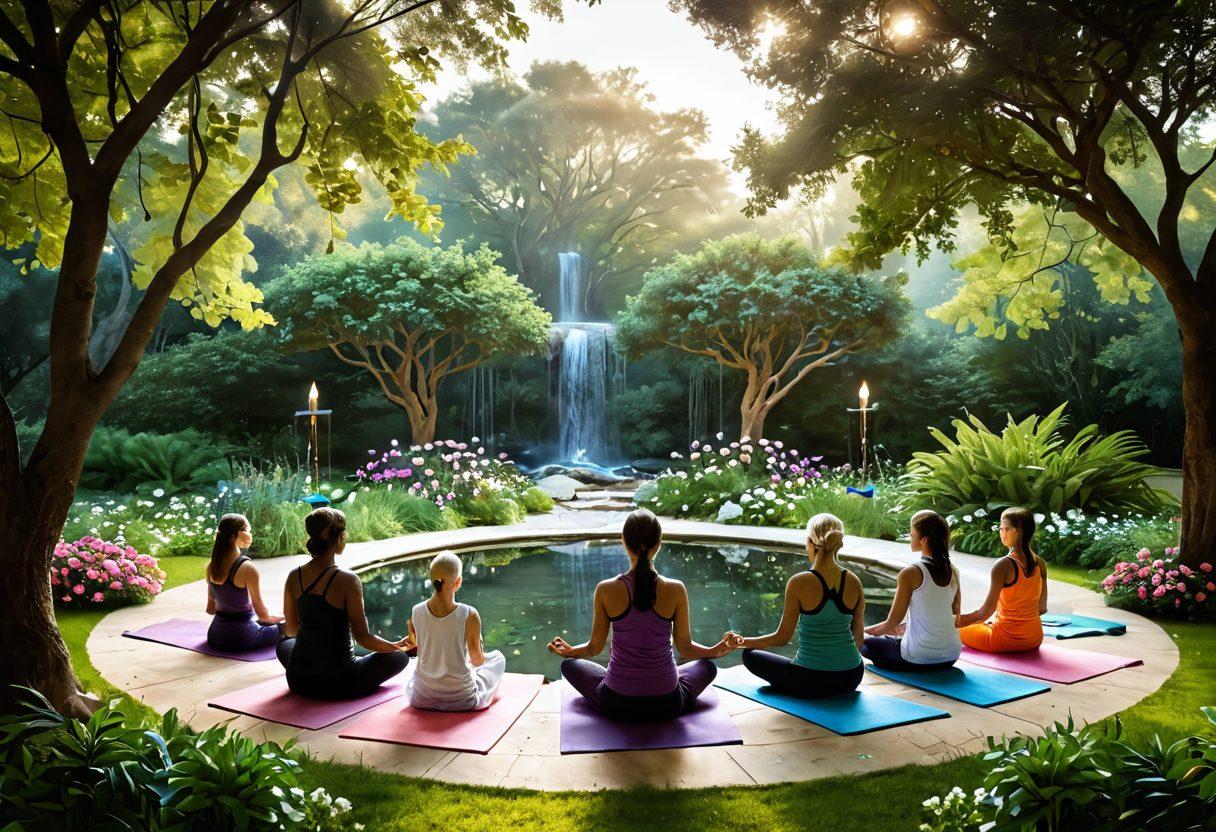 A serene landscape depicting a diverse group of individuals engaged in various holistic health practices, such as yoga and meditation, surrounded by symbols of cancer awareness like ribbons and flowers. The scene should showcase a lively community support setting, with soft, warm lighting that conveys hope and positivity. Include elements like lush greenery, a tranquil water feature, and inspirational quotes subtly integrated into the background. vibrant colors. super-realistic. peaceful atmosphere.